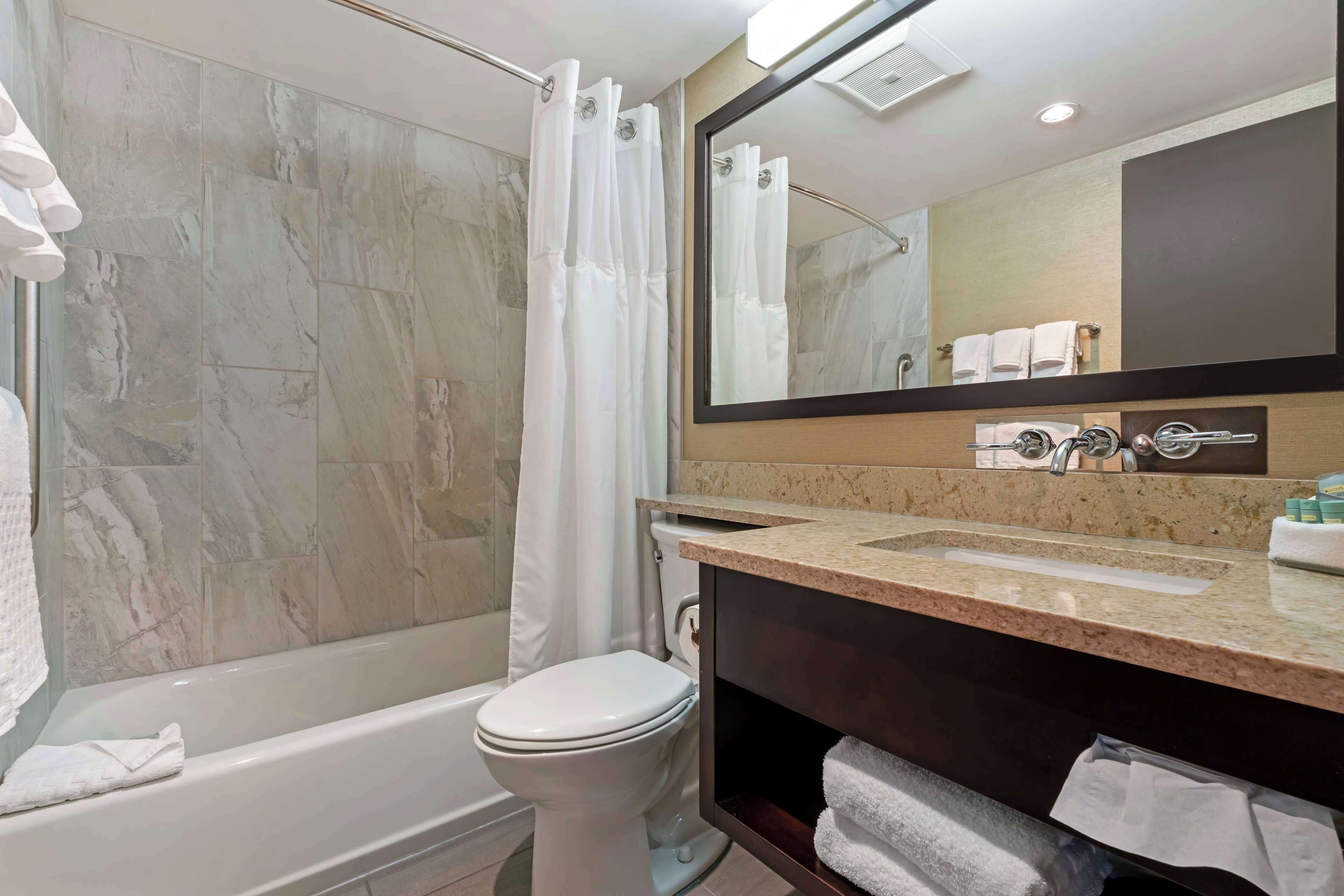 combined shower/bathtub, free toiletries, hair dryer, towels