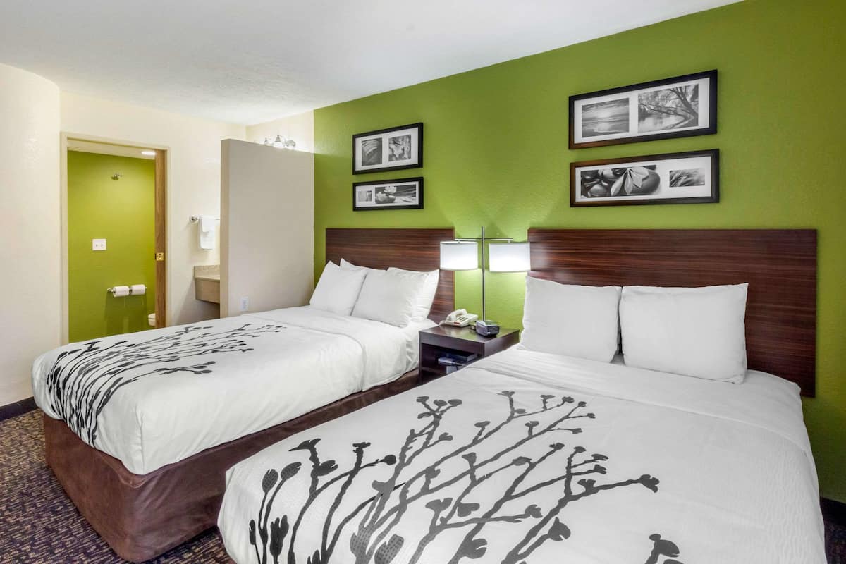 A hotel room with two beds, a green accent wall, framed pictures, a nightstand with a lamp, and a bathroom door.