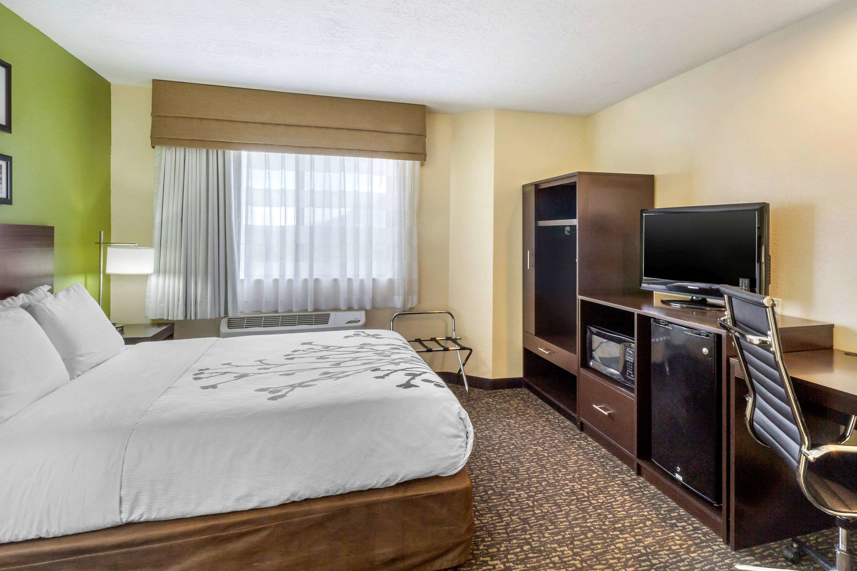 A hotel room with a bed, a television, a desk with a chair, a wardrobe, and a window with curtains.