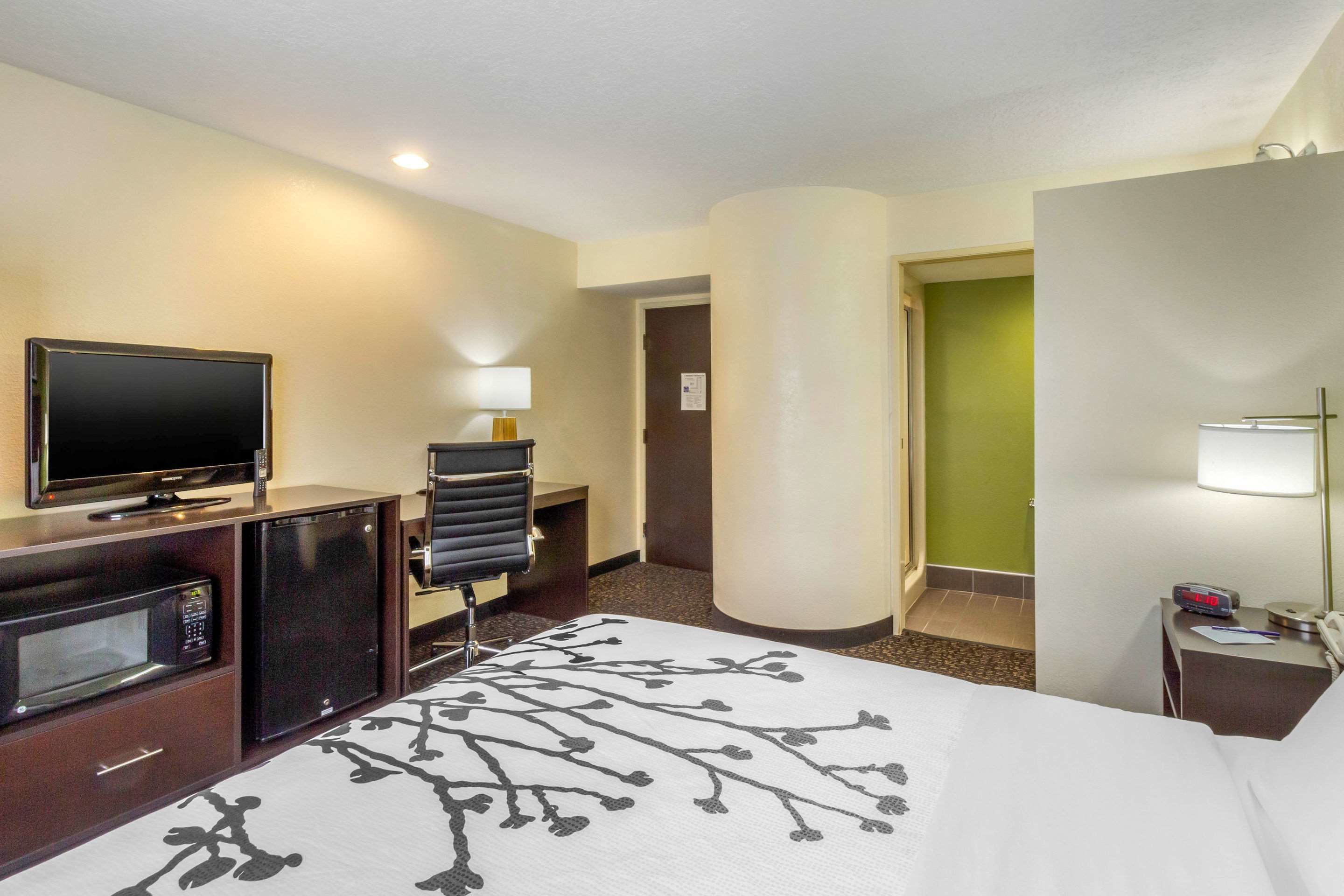 Quarto de hotel com cama, televisão, micro-ondas, mini-geladeira, escrivaninha e luminária.