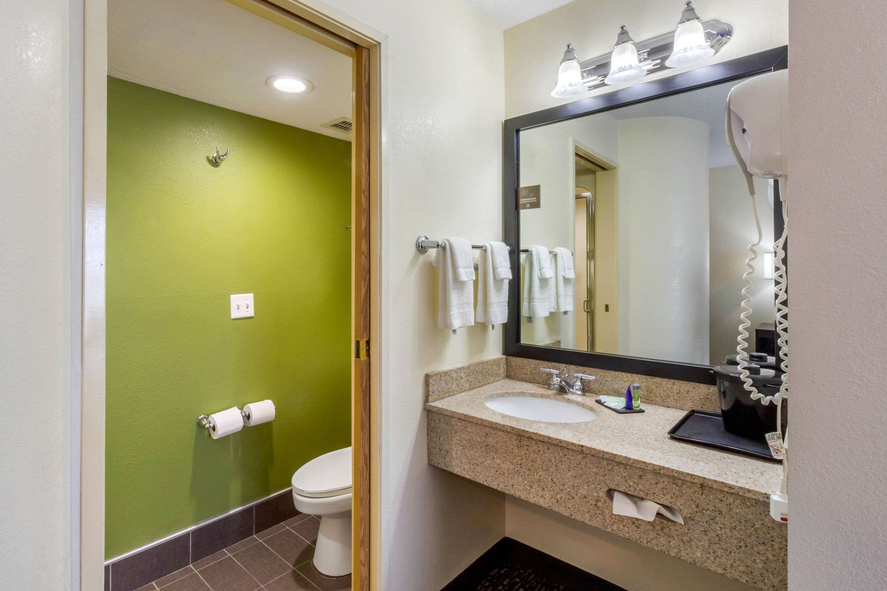 A bathroom with a green wall, a white toilet, a sink with a mirror, and a hairdryer.
