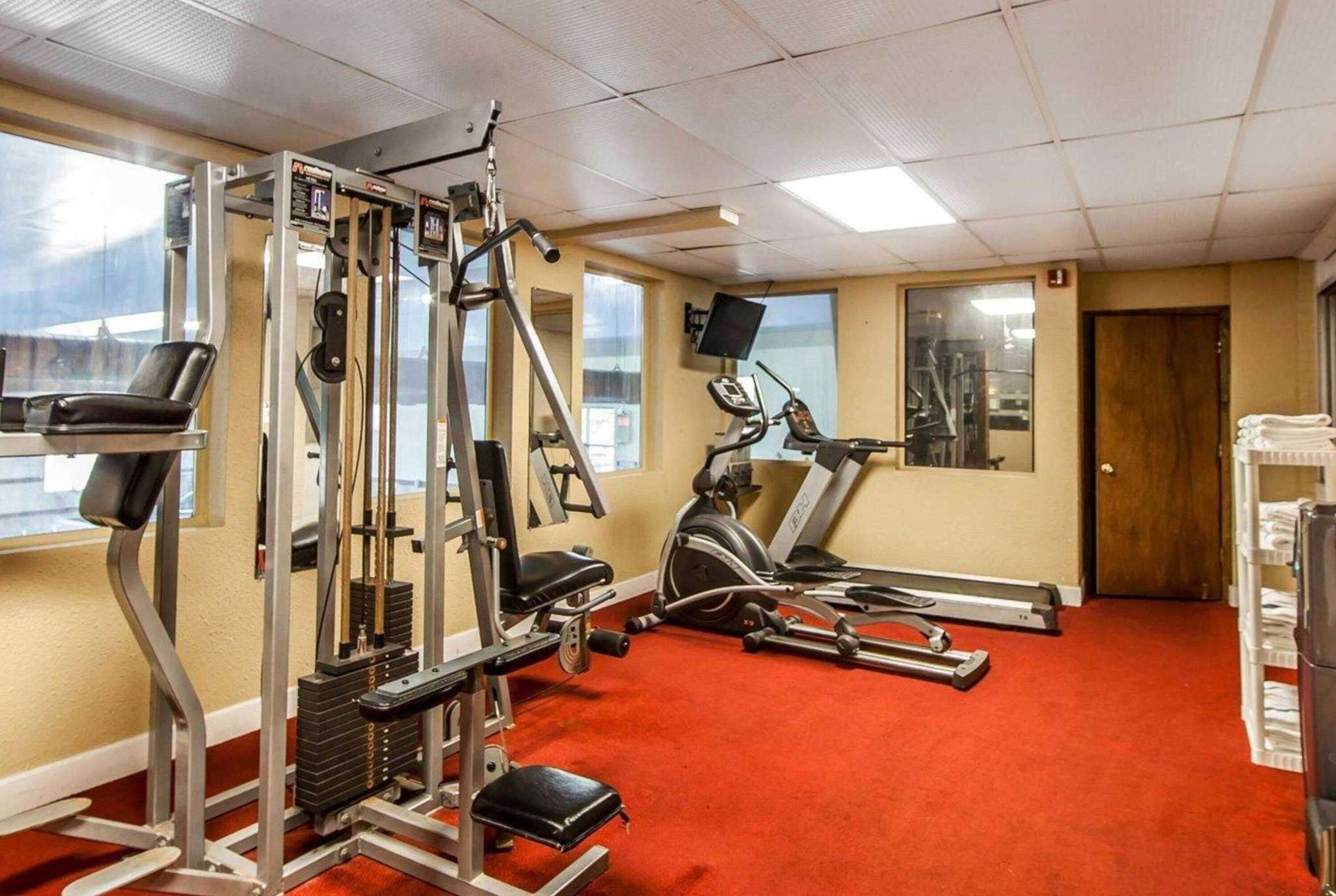 A gym with cardio machines, weightlifting equipment, and a red carpeted floor.