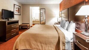 Quarto de hotel com cama, televisão, escrivaninha com luminária, penteadeira e espelho.