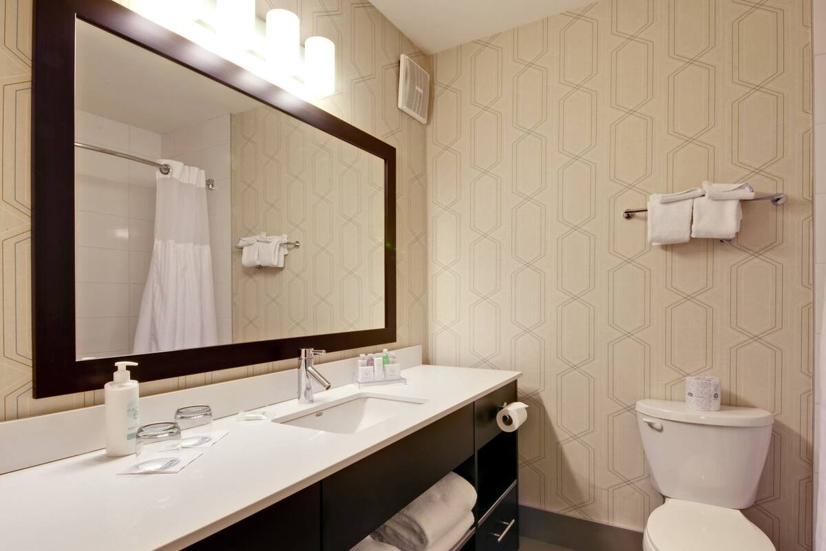 combined shower/bathtub, eco-friendly toiletries, hair dryer, towels