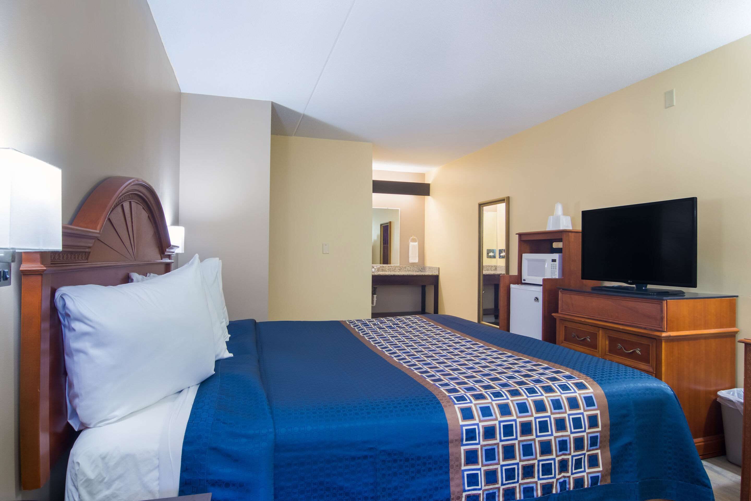 Une chambre d’hôtel équipée d’un lit, d’une télévision, d’un four à micro-ondes et d’un bureau.