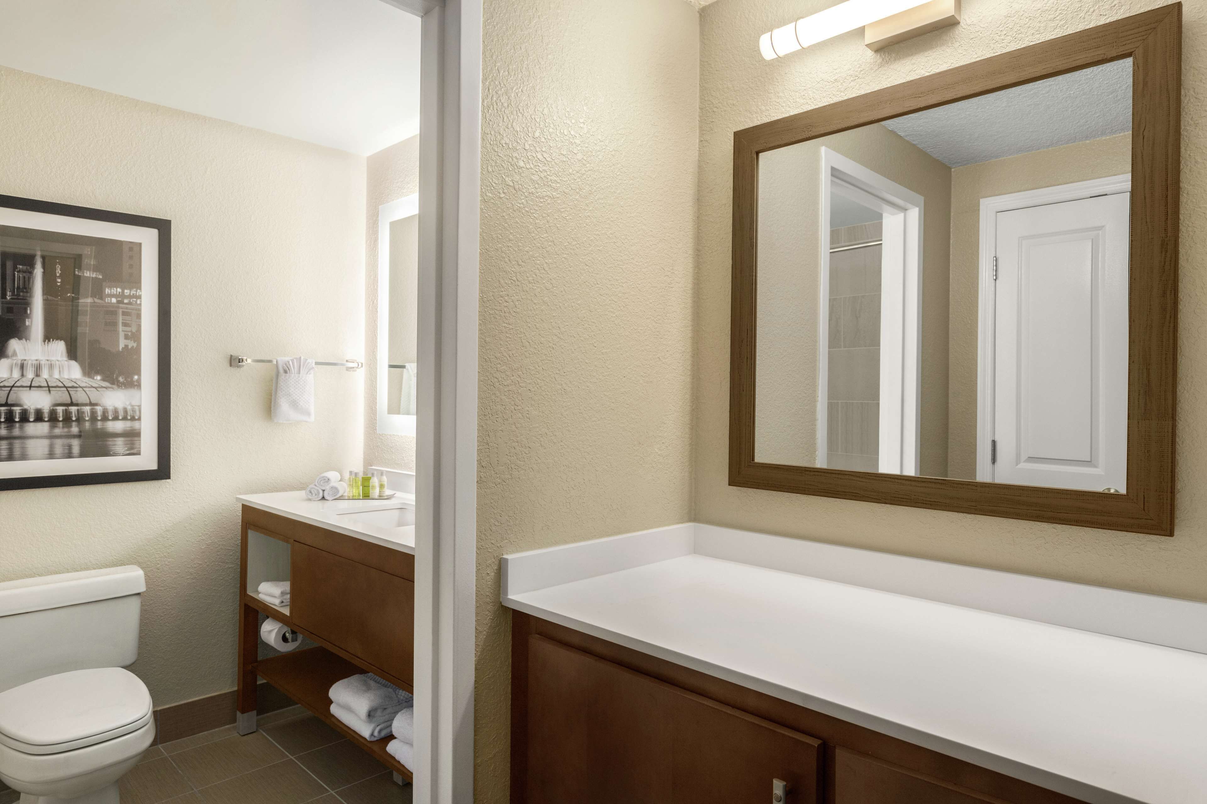 A bathroom with a toilet, a sink, a mirror, and a framed picture on the wall.