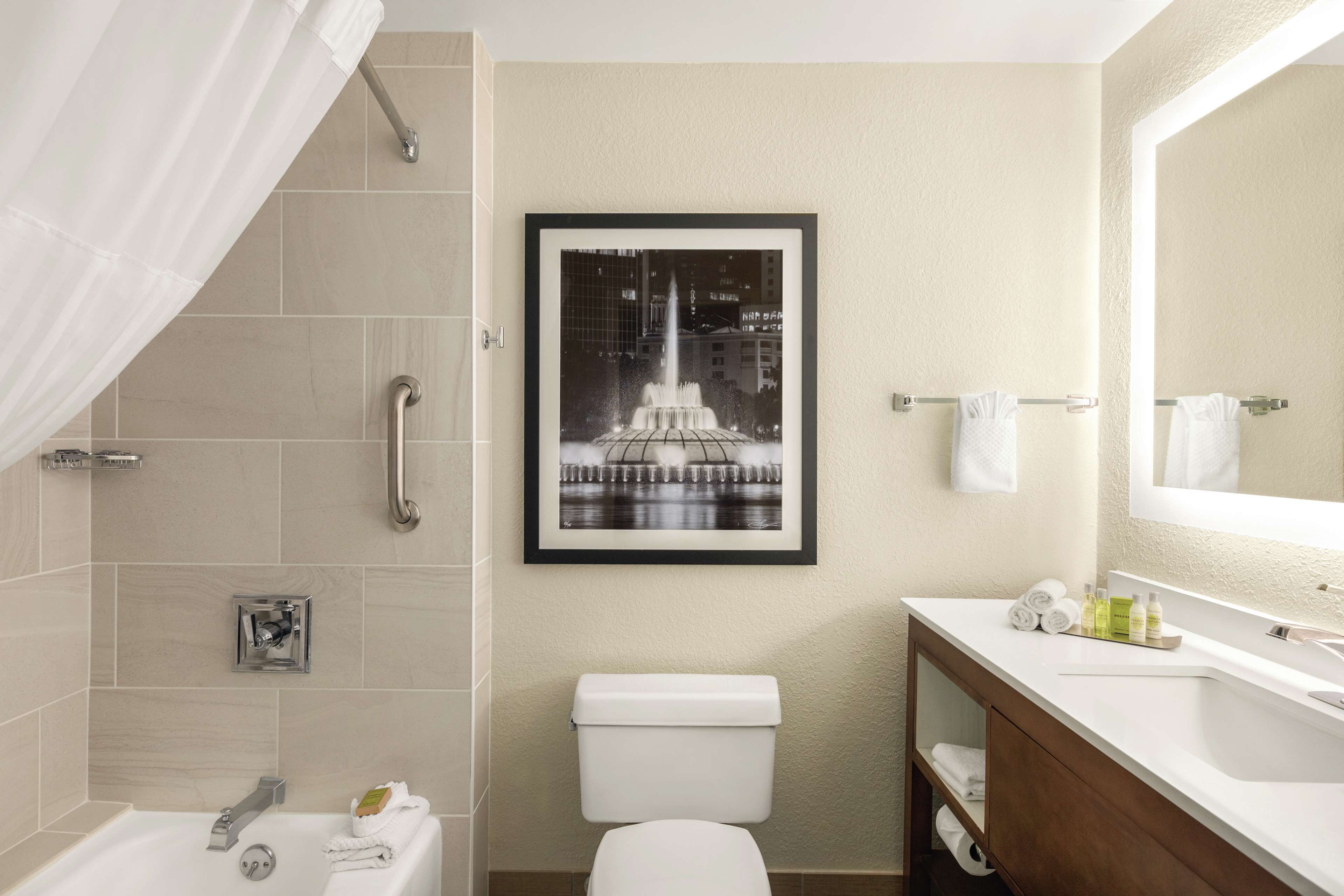 Combined shower/tub, free toiletries, hair dryer, towels