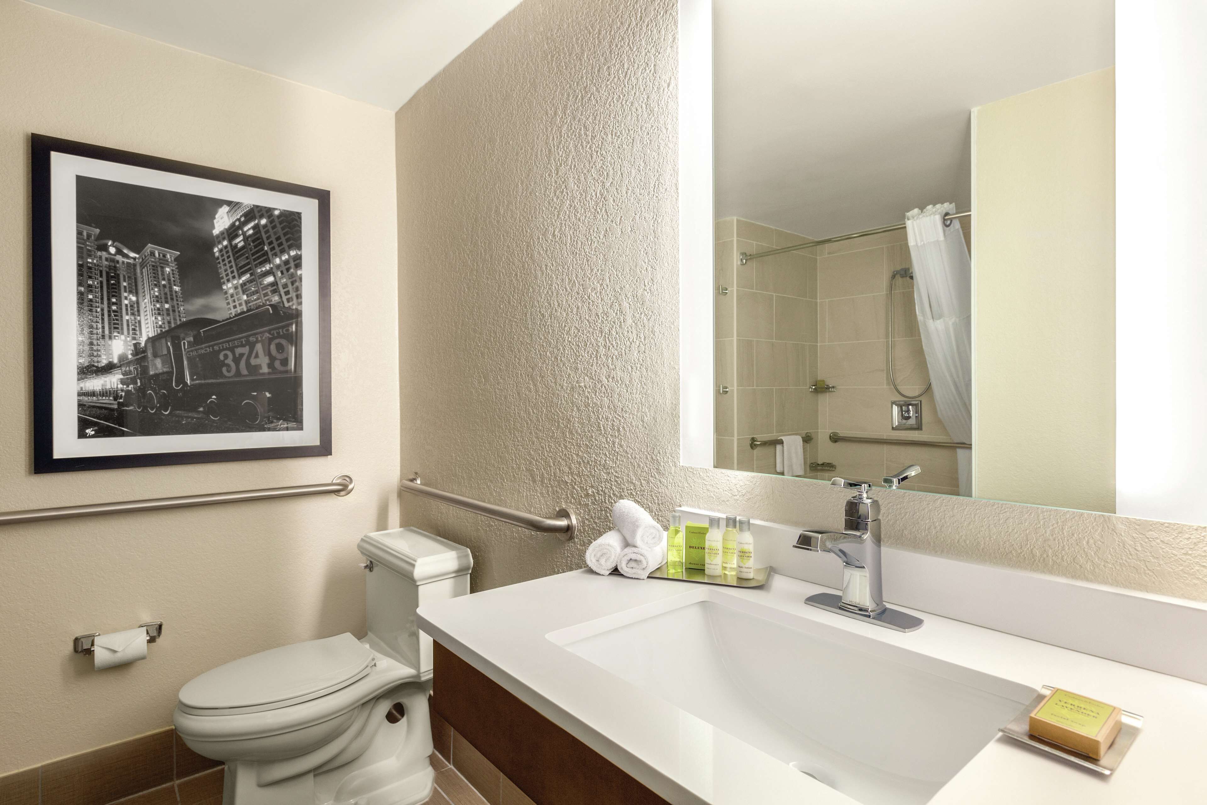 Une salle de bain moderne avec des toilettes, un lavabo et une douche. Un tableau encadré est accroché au mur et un miroir se trouve au-dessus du lavabo.