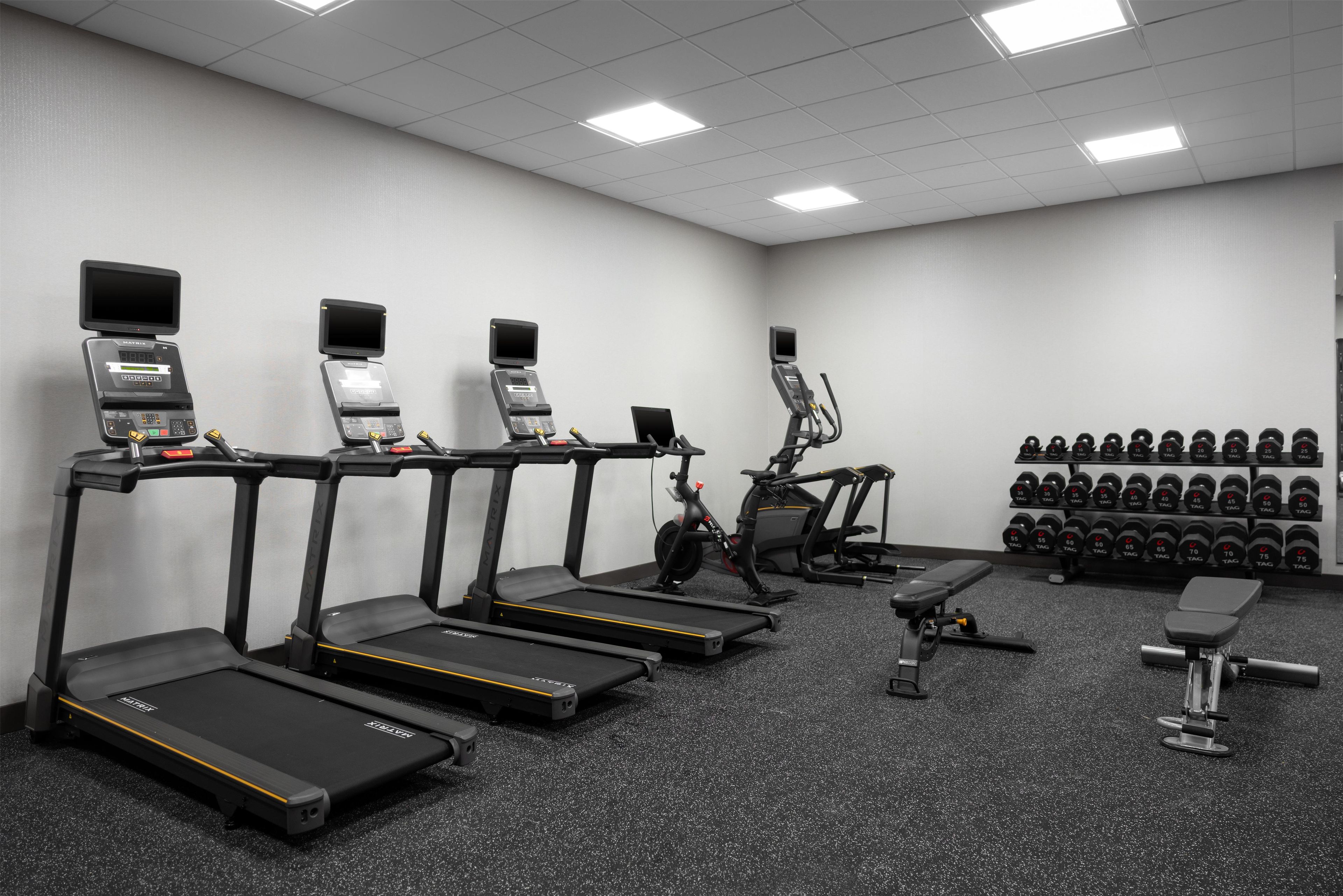 Een fitnessruimte met loopbanden, een elliptische machine, een bankdrukrek en een rek met gewichten.