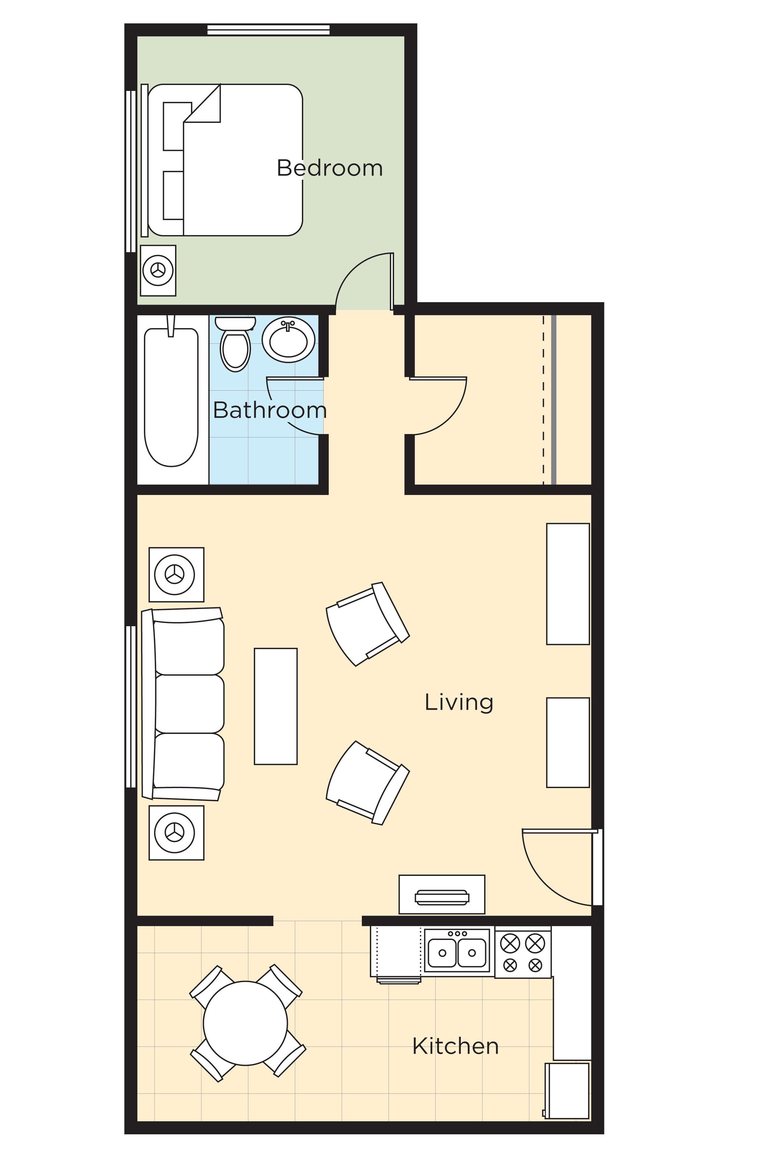 A floor plan of a 1-bedroom apartment with a separate bathroom, living room, and kitchen area.