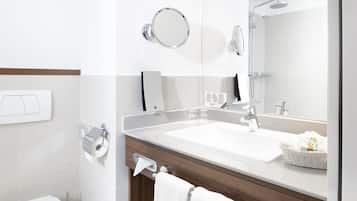 Hair dryer, towels, soap, shampoo