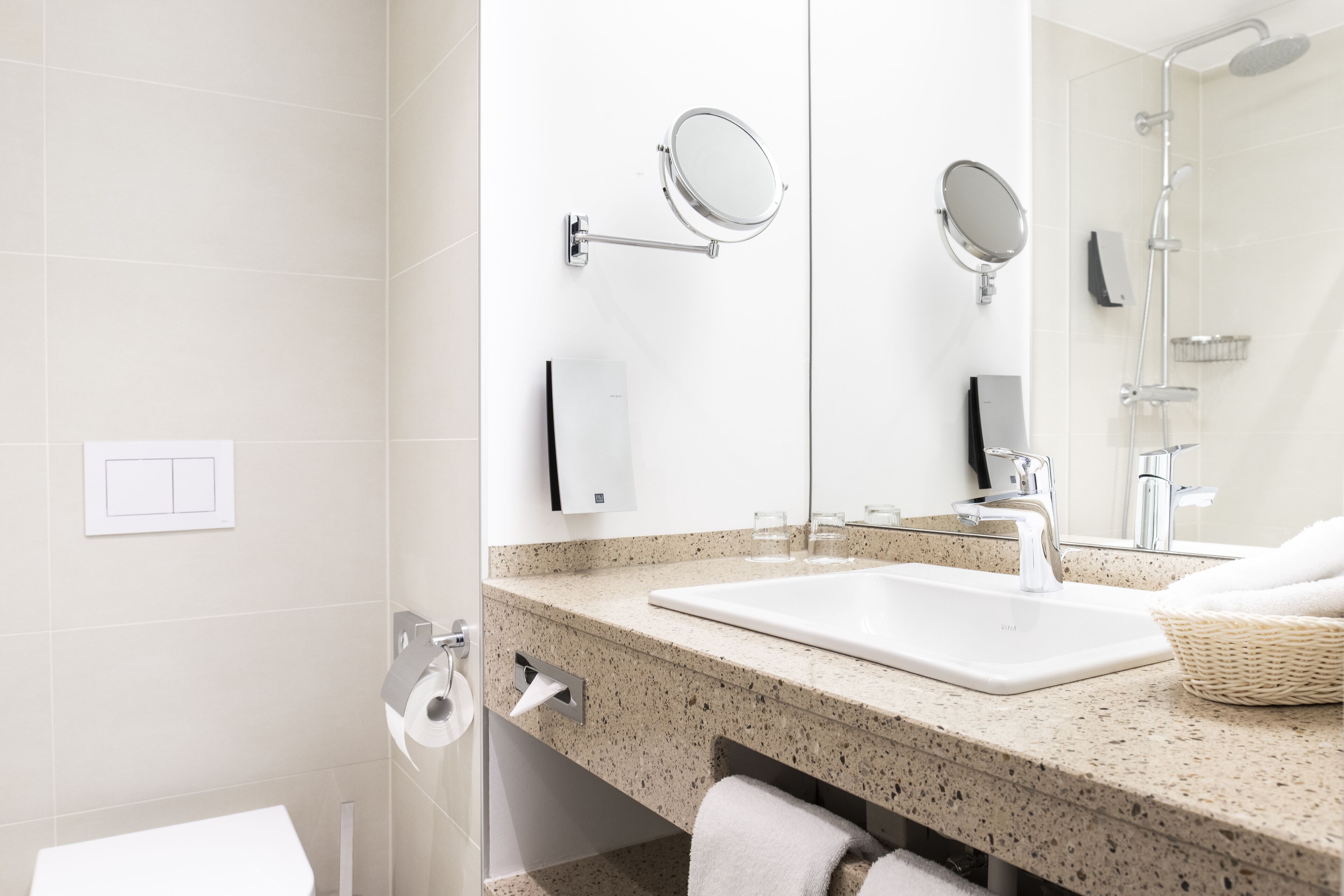 hair dryer, towels, soap, shampoo