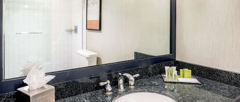 A modern bathroom with a black granite countertop, a white sink, and a large mirror.