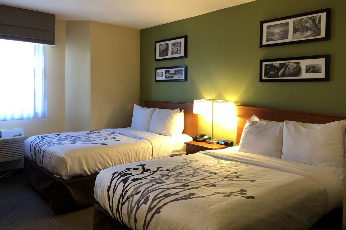 Une chambre d’hôtel avec deux lits, une table de chevet avec une lampe et des tableaux encadrés au mur.