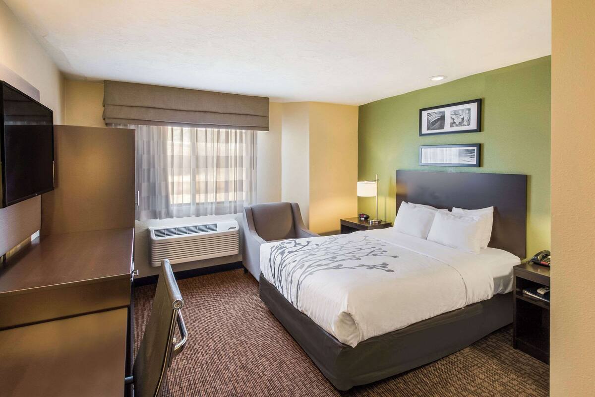Une chambre d’hôtel comprenant un lit, un bureau, une chaise, une télévision, une fenêtre avec des rideaux, un climatiseur et des tableaux encadrés accrochés au mur.