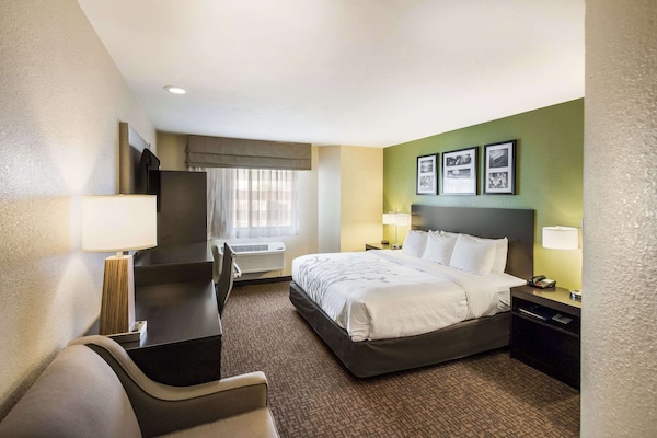 Hypo-allergenic bedding, desk, laptop workspace, blackout drapes