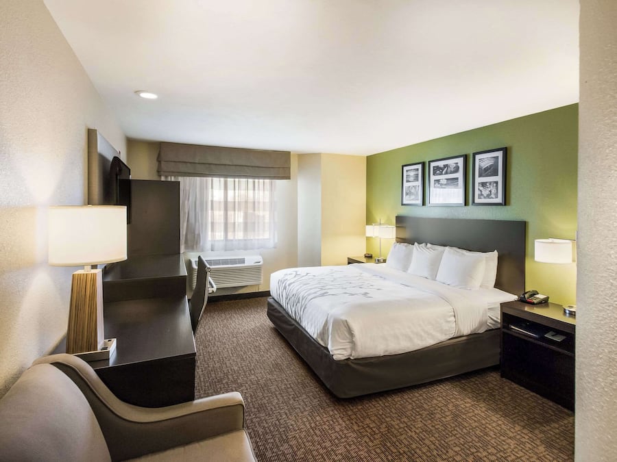 Hypo-allergenic bedding, desk, laptop workspace, blackout curtains