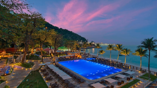 A swimming pool with lounge chairs and umbrellas, surrounded by palm trees and a view of the ocean.