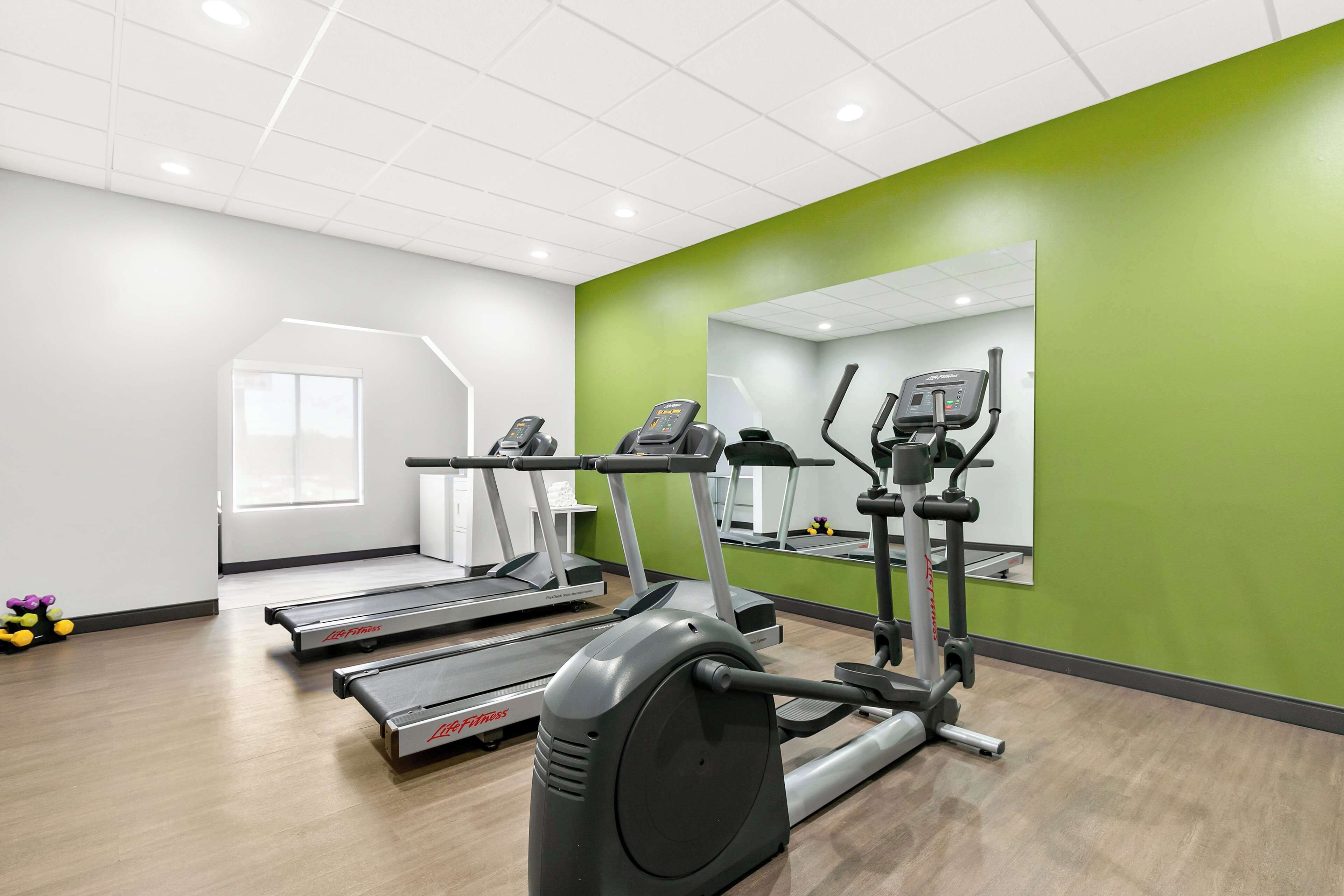 A gym with treadmills, an elliptical, and a stationary bike, featuring a green accent wall and a large mirror.