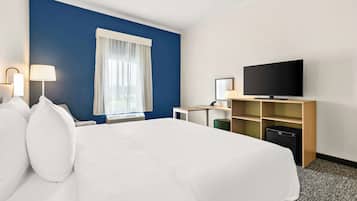 Desk, blackout drapes, soundproofing, iron/ironing board