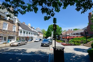 A street view with buildings, cars, and a clear sky.