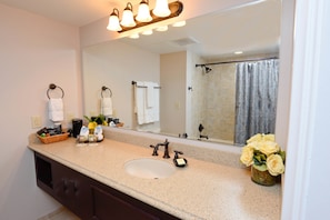 Combined shower/bathtub, free toiletries, hair dryer, towels