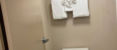 Une salle de bain comprenant des toilettes, un porte-serviettes avec deux serviettes et un support à papier toilette.