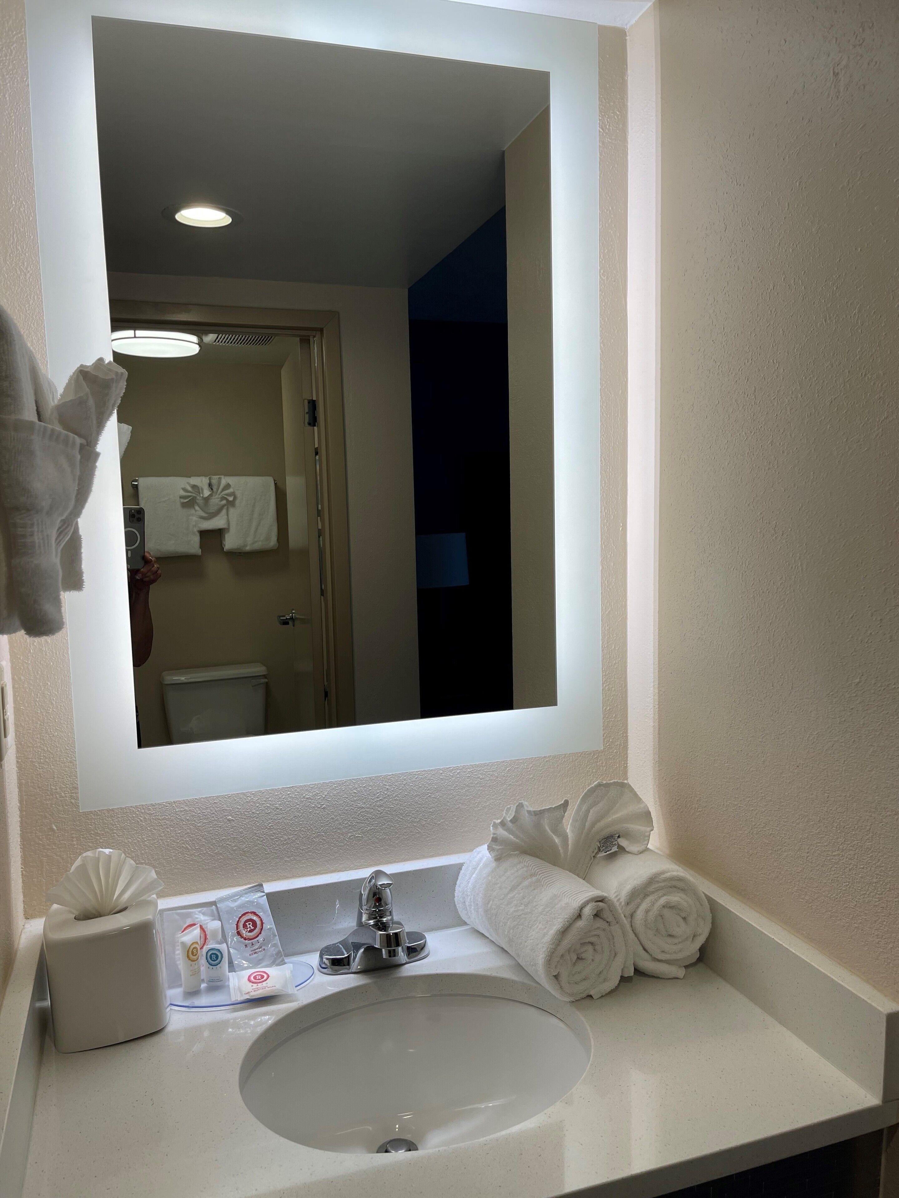 Un baño con un espejo grande, un lavamanos y un perchero para toallas.
