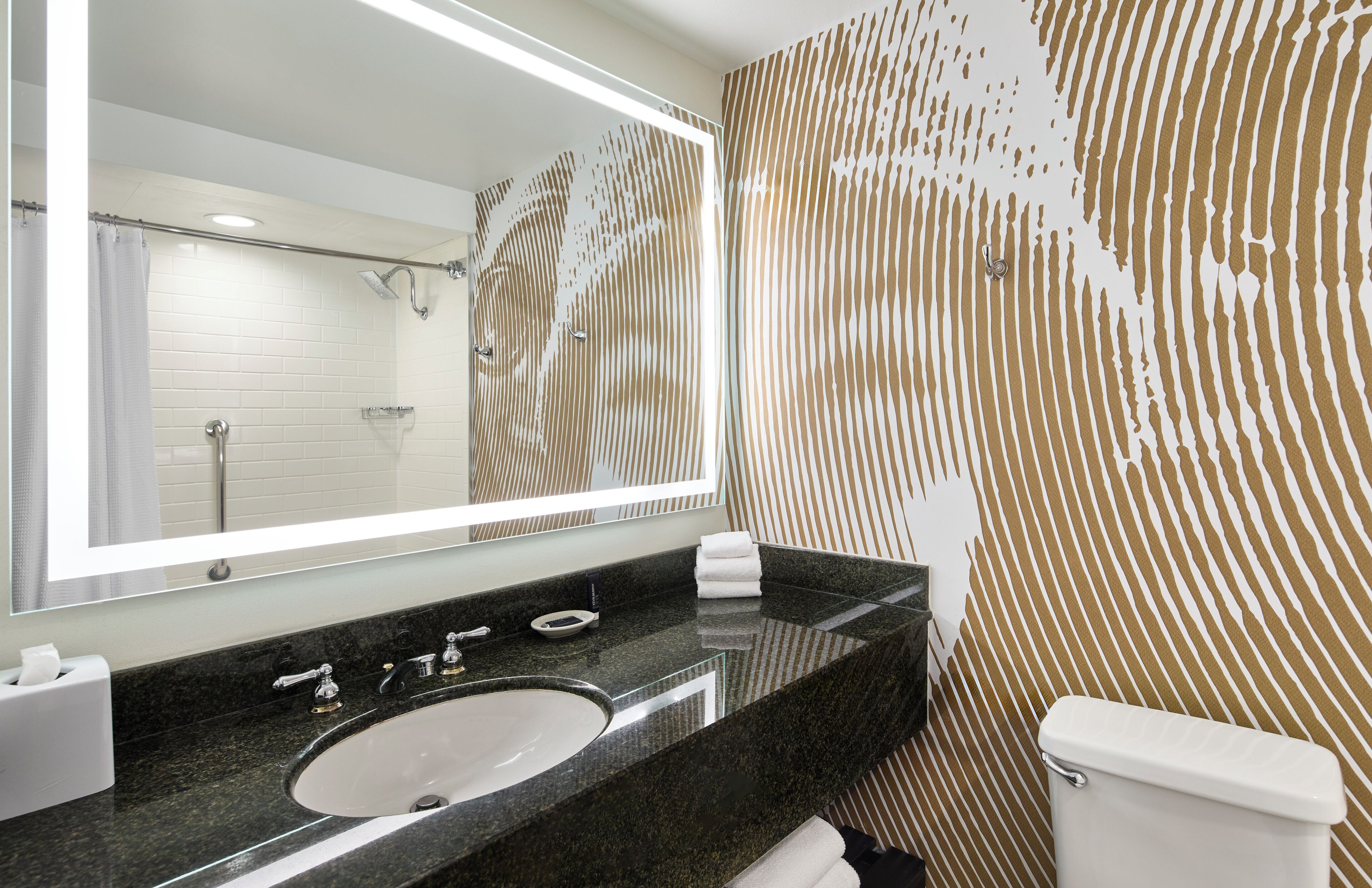 Ein modernes Badezimmer mit einem schwarzen Granittisch, einer weißen Toilette und einem großen Spiegel.
