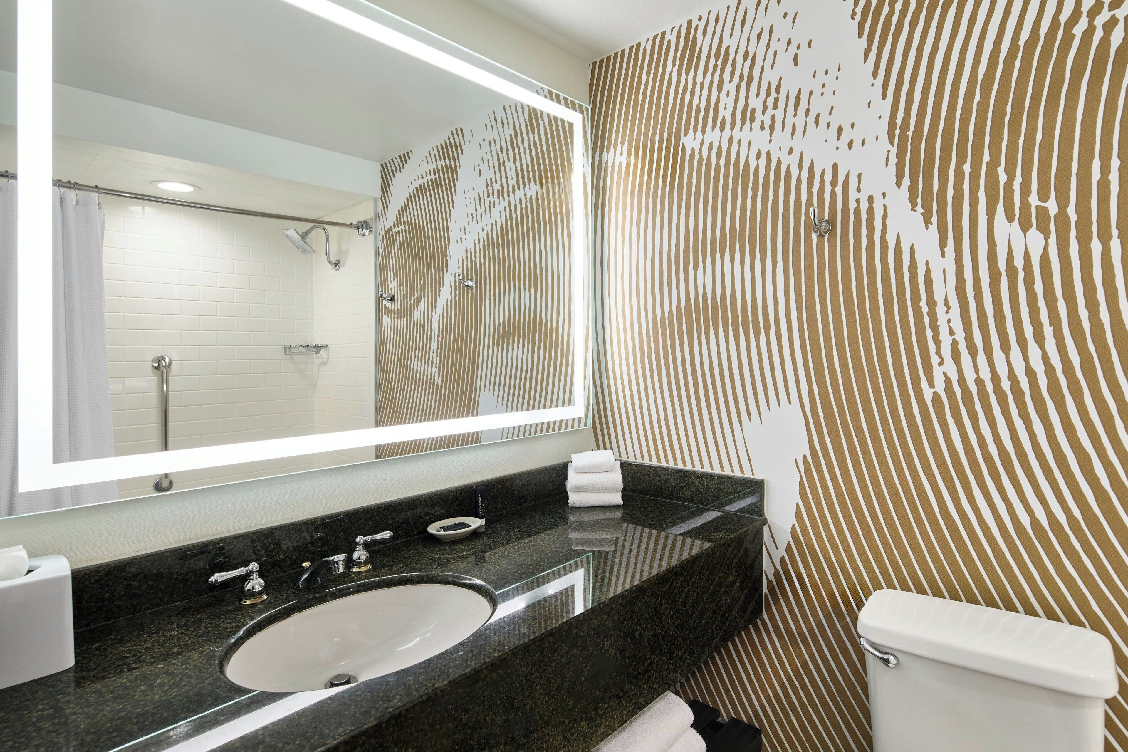 Un baño con lavamanos de granito negro, inodoro blanco y espejo con marco iluminado.