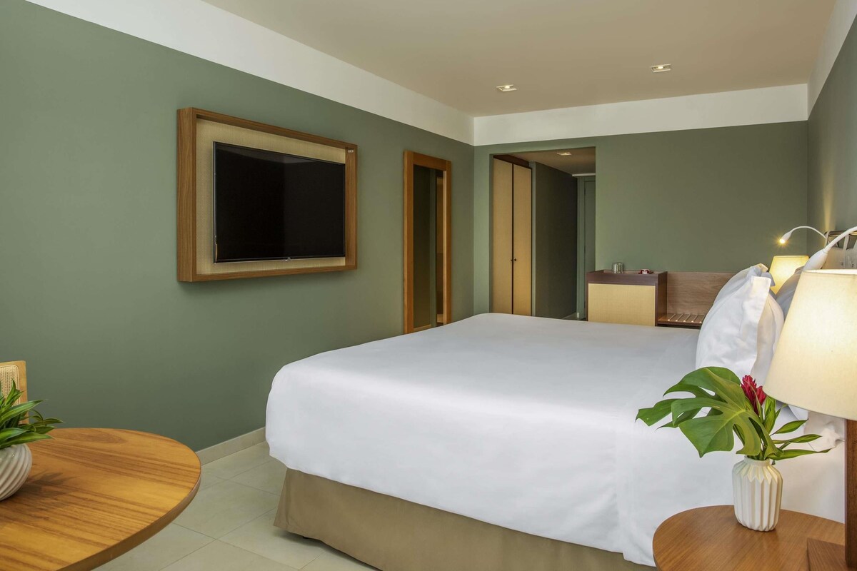 A hotel room with a bed, a TV, a bedside table with a lamp, and a plant.