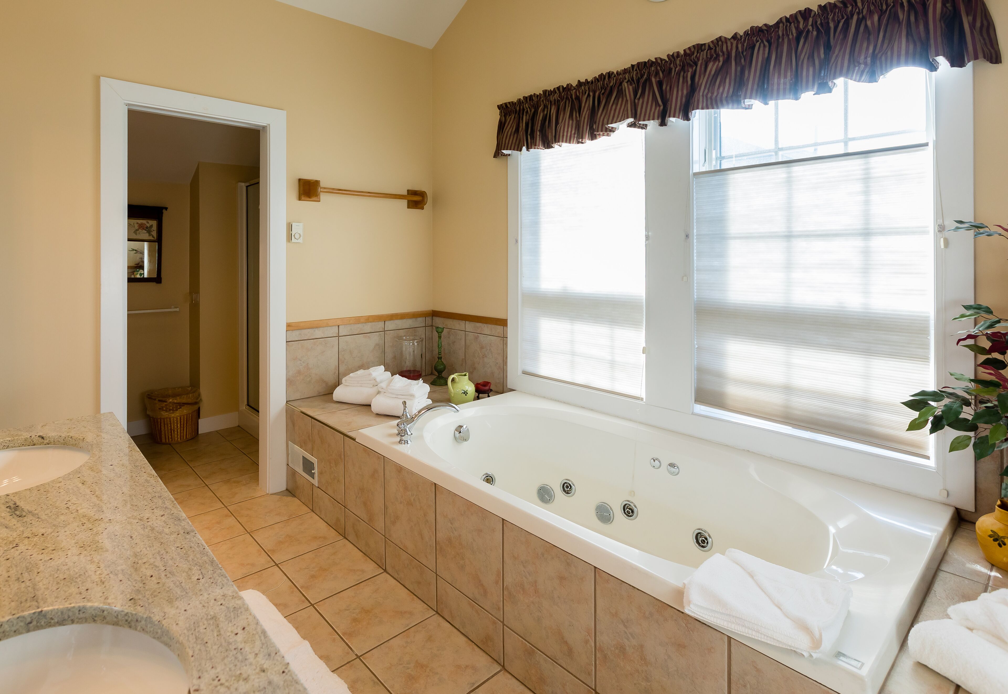 A bathroom with a large bathtub, two sinks, and a window with blinds.