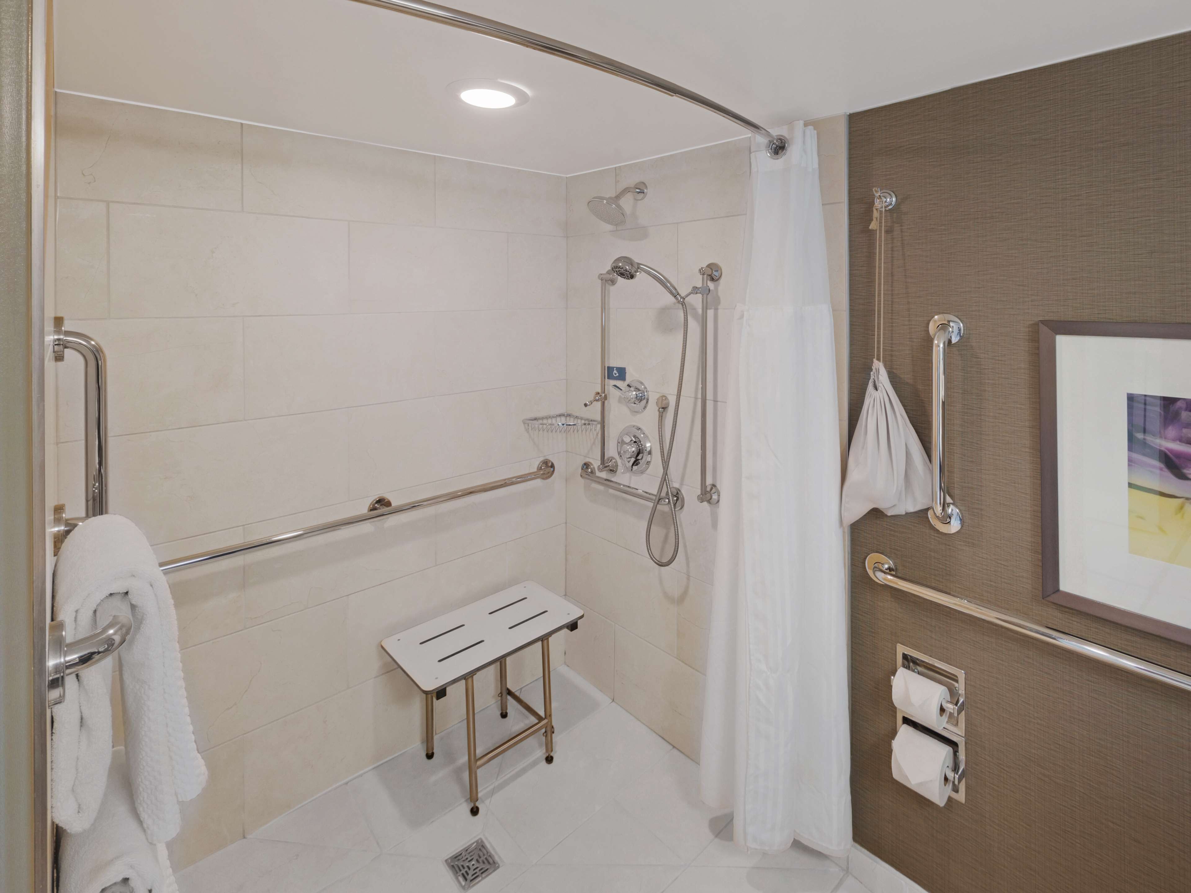 A modern bathroom with a shower, grab bars, a towel rack, and a toilet paper holder.