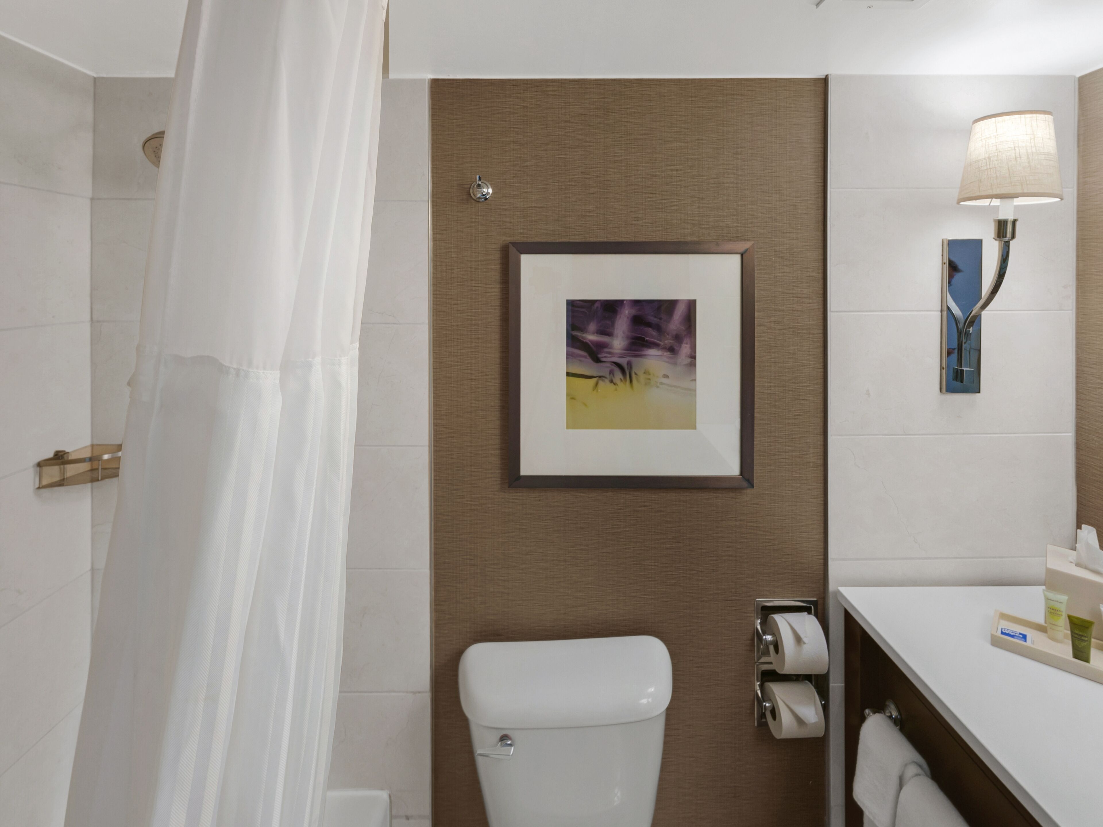 Un baño con inodoro, cortina de ducha, un cuadro enmarcado en la pared, toallero y lavabo con artículos de aseo.