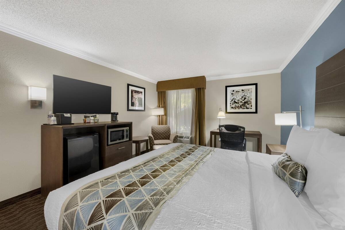 Een hotelkamer met een groot bed, een bureau, een stoel, een televisie en een minibar.