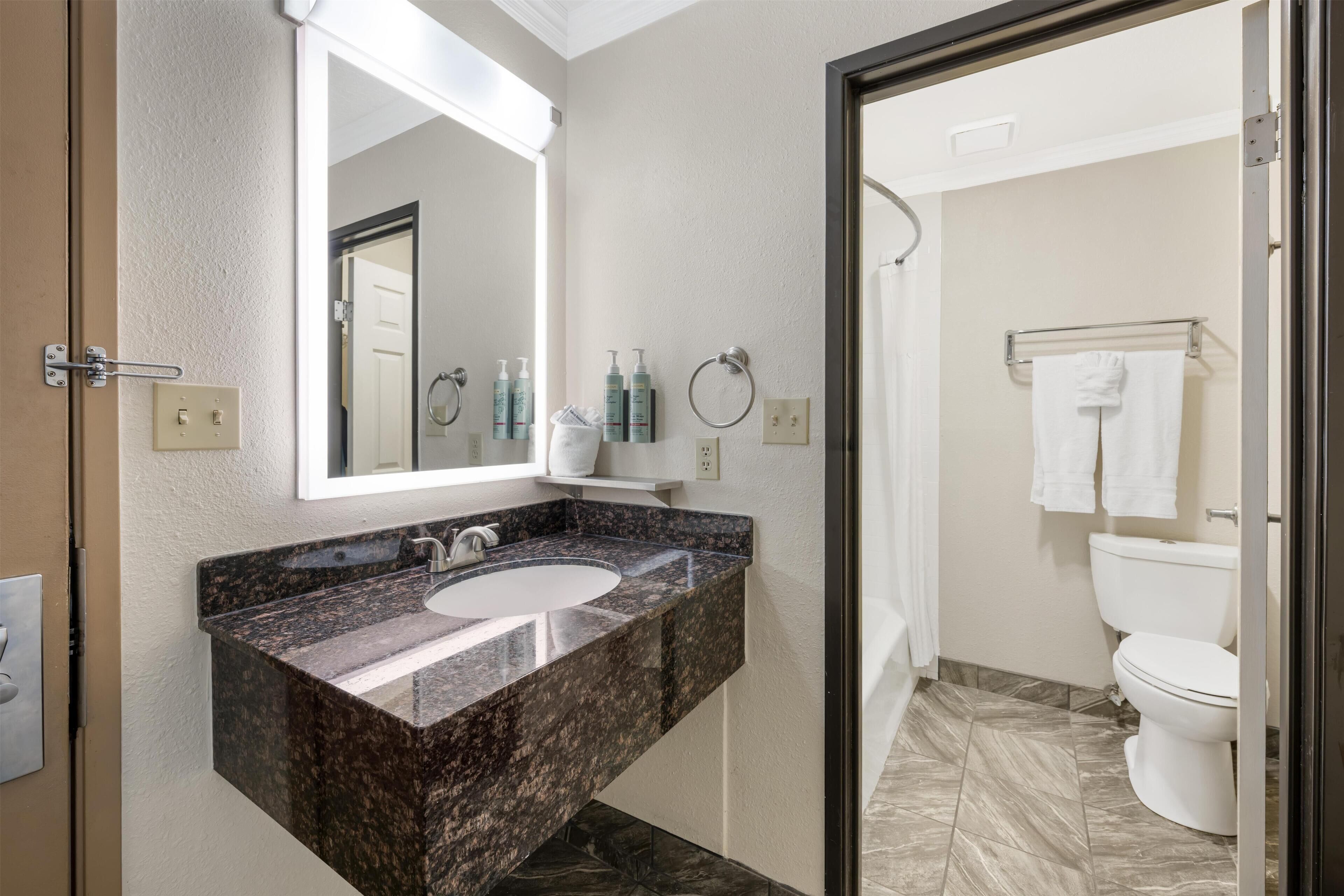 A bathroom with a marble sink, a large mirror, and a toilet.