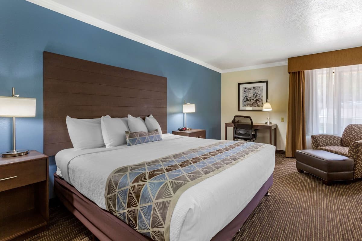 A hotel room with a large bed, a desk, a chair, and a window with curtains.