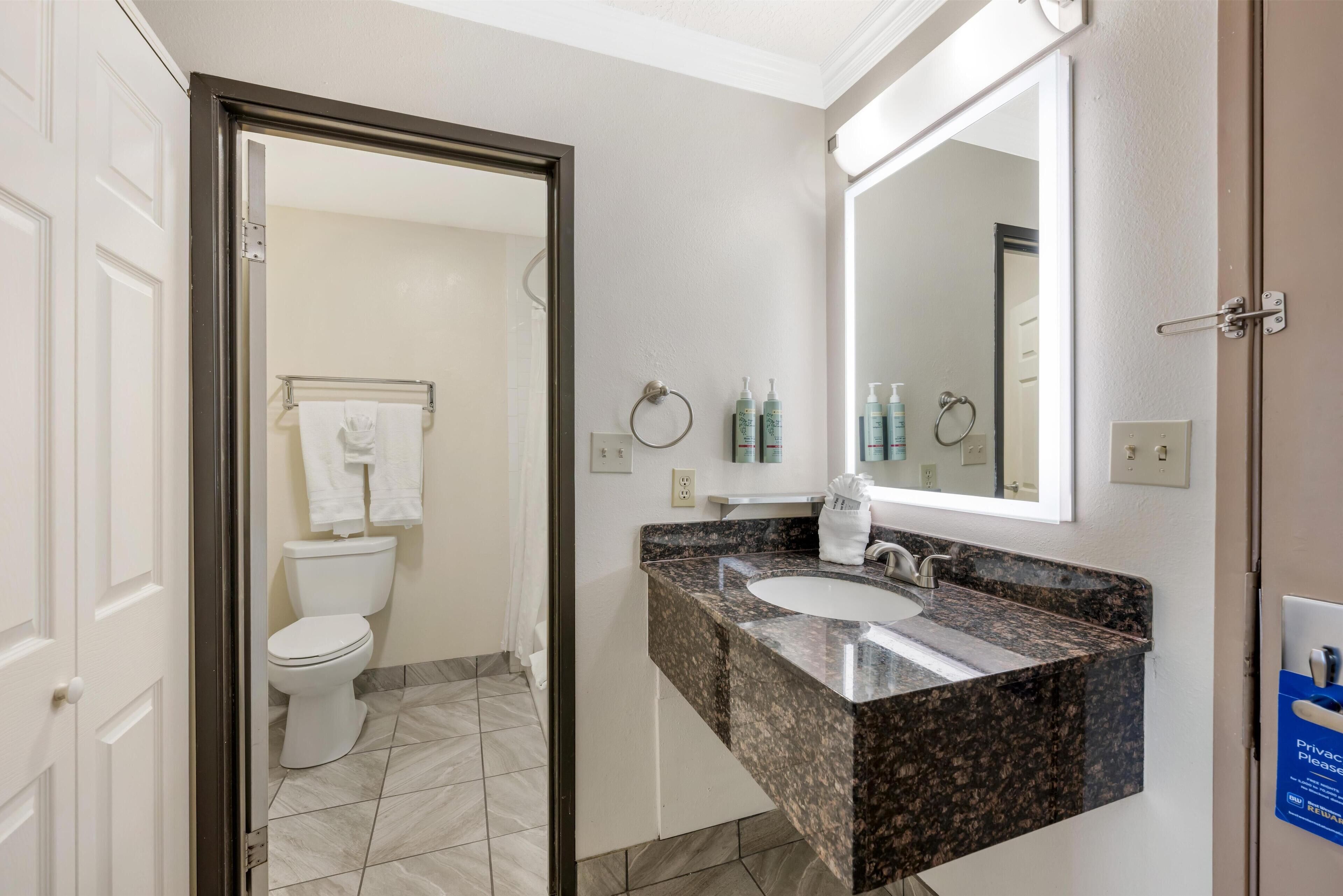 A bathroom with a marble sink, white toilet, and a mirror above the sink.