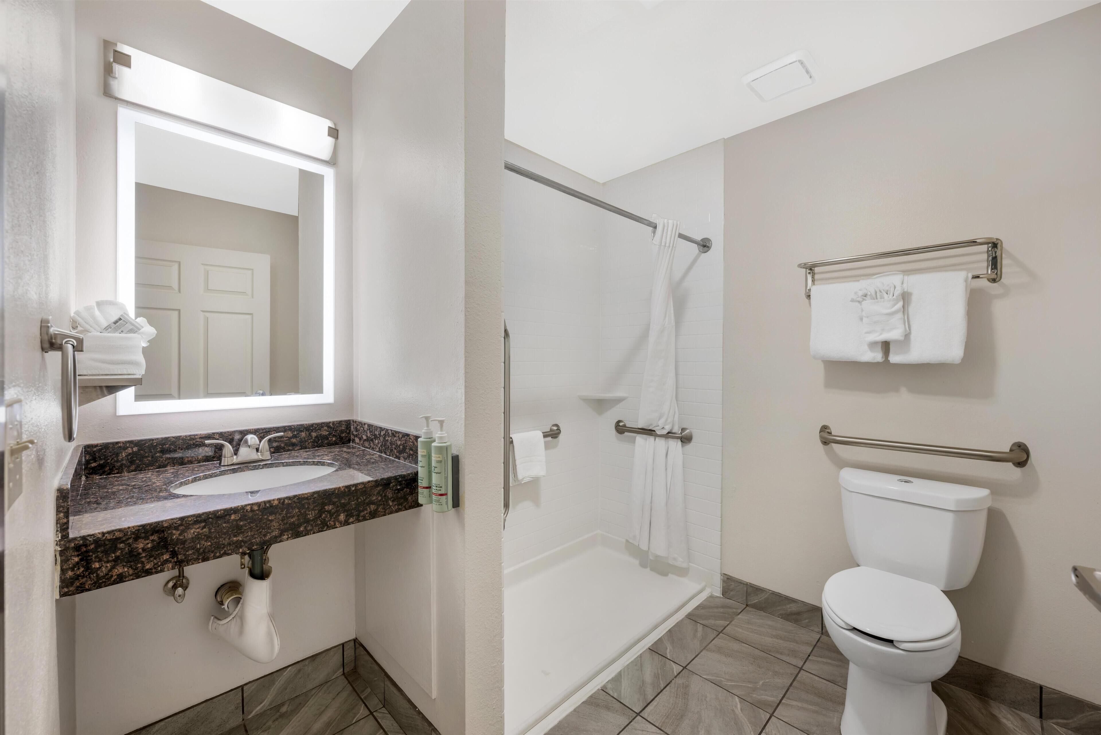 Standard Room, 1 King Bed, Accessible, Non Smoking | Bathroom | Combined shower/tub, hydromassage showerhead, free toiletries