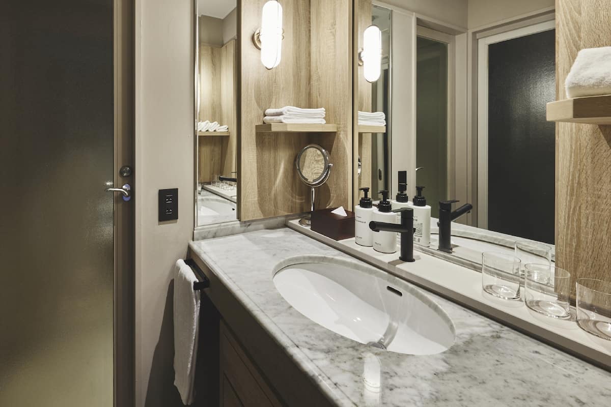 combined shower/bathtub, free toiletries, hair dryer, slippers