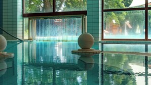 An indoor swimming pool with clear water, a large window, and a decorative sphere in the center. - Ensana Thermal Sárvár (Sarvar)