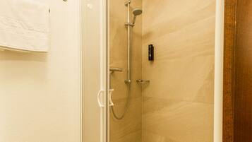 A glass-enclosed shower stall with a handheld showerhead and a wall-mounted control panel.