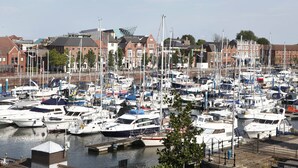 A marina filled with various boats docked in a harbor.