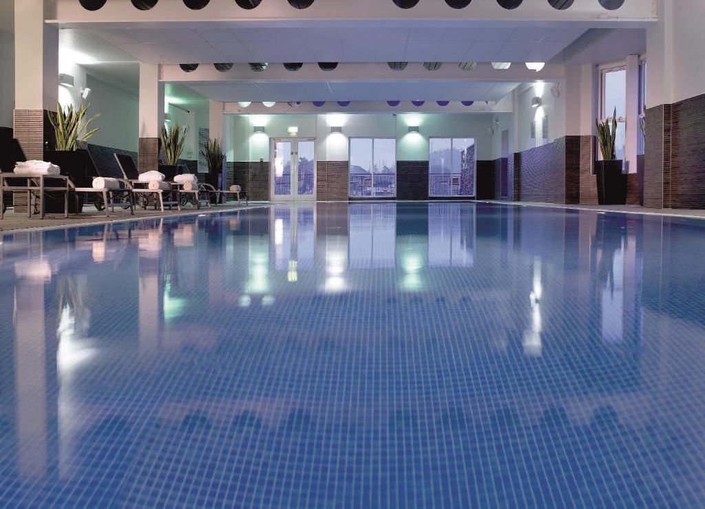 Una piscina interior con agua cristalina, sillas de descanso y plantas en macetas.