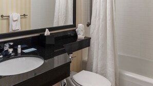 A bathroom with a white toilet, a sink, a mirror, and a shower area with a grab bar. -  Chester Inn & Suites (Sharonville)