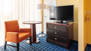 1 bedroom, desk, blackout curtains, iron/ironing board