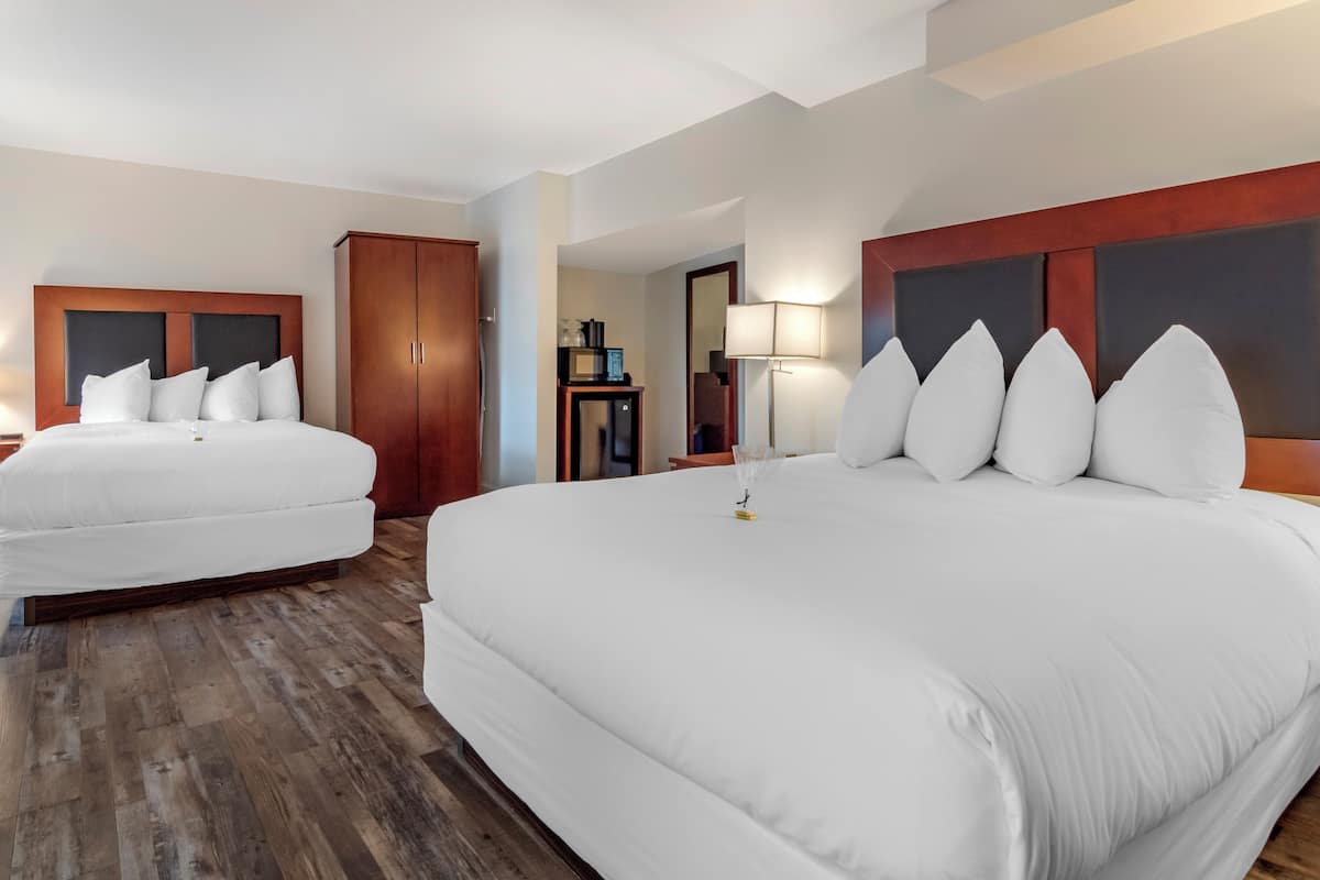 Pillow-top beds, desk, laptop workspace, iron/ironing board