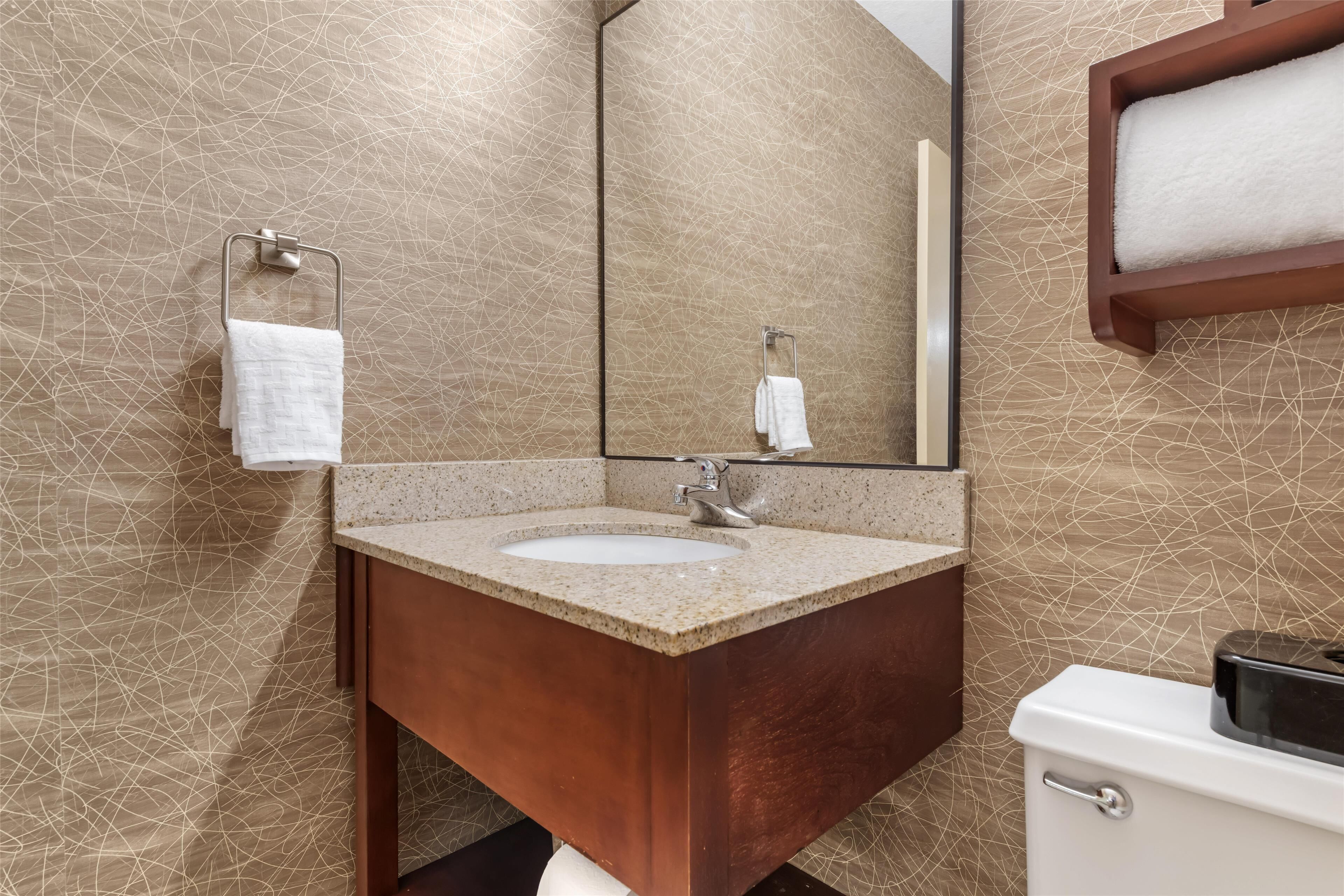 Un baño con lavamanos de granito, un espejo y un inodoro.