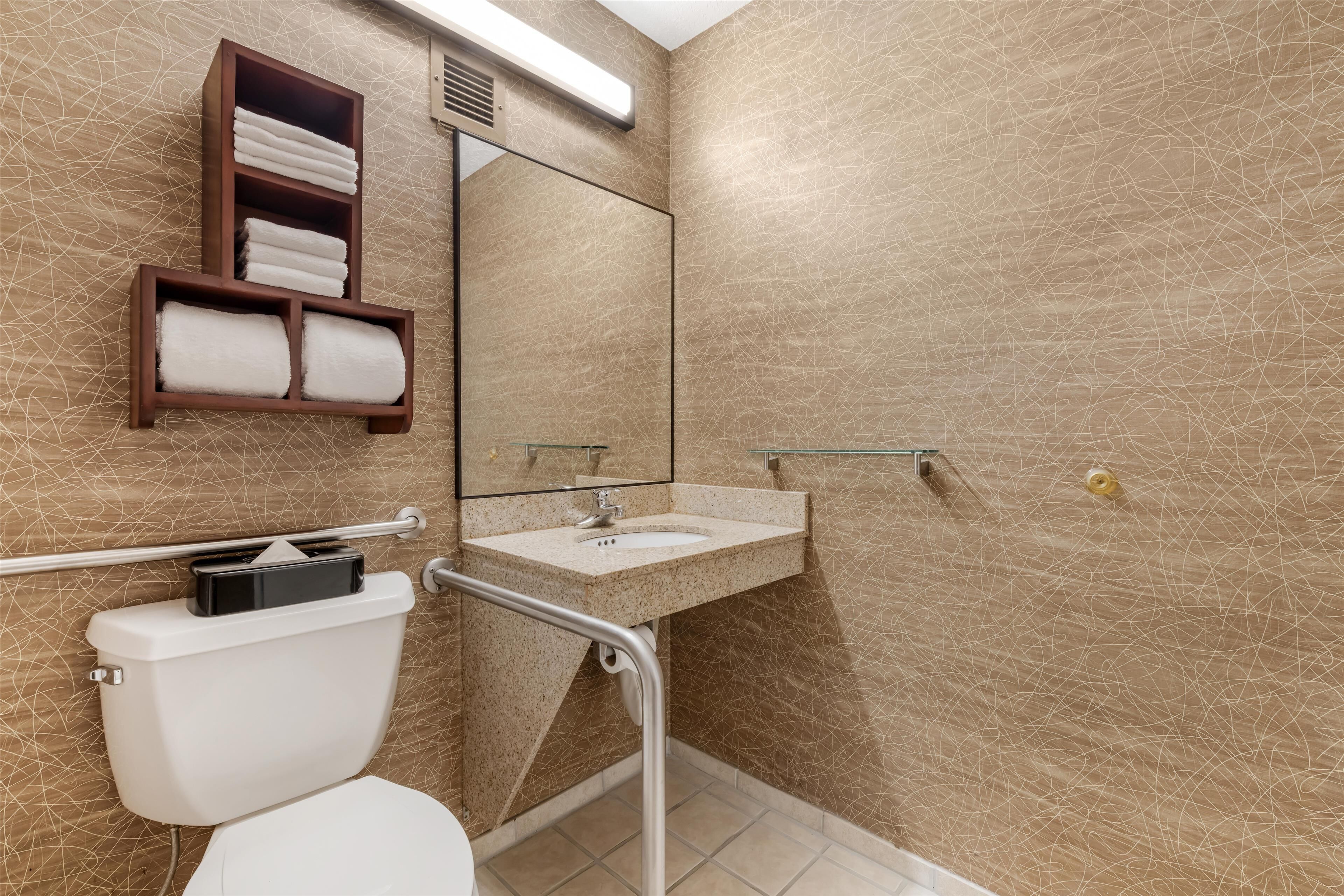 A bathroom with a toilet, sink, and towel rack.
