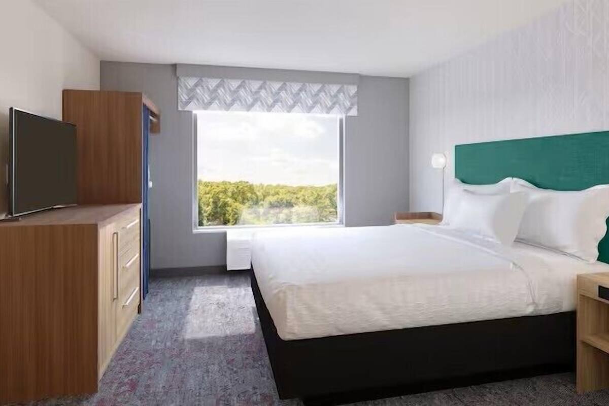 A hotel room with a bed, a TV, a desk, and a window with a view of greenery.